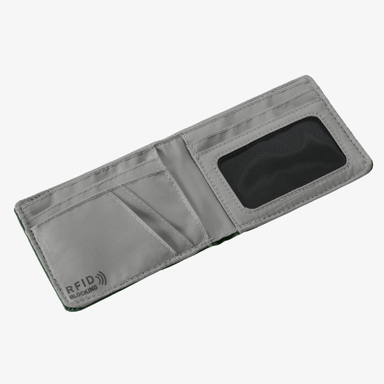 Wallet with RFID blocking feature on a white background