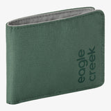 A green canvas bifold wallet with the 'eagle creek' brand name printed vertically on the front, shown against a plain white background.