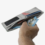Hand holding a wallet with money and cards